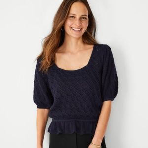 Ann Taylor Blue Pointelle Square Neck Ruffle Puff Short Sleeves Sweater Top